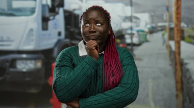 Şehir merkezindeki bir kamyonun yanında pembe örgülü bir kadın yeşil bir kazak giyiyor ve düşünceli bir ifade sergiliyor..