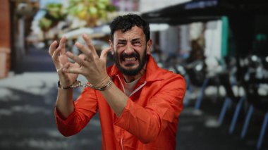 Turuncu hapishane tulumu giymiş İspanyol bir adam arka planda bulanık kafeler ve palmiye ağaçları olan güneşli bir sokakta elleri kelepçeli dışarıda çaresiz hissediyor..