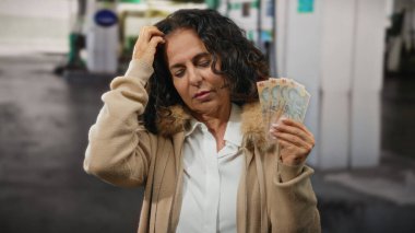 Orta yaşlı bir kadın, Romanya banknotlarını açık bir benzin istasyonunda tutuyor. Yorgun bir ifade sergiliyor. Kamuya açık bir ortamda maddi endişe veya stres gösteriyor..