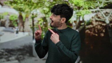 Parkta coşkuyla gülümseyen genç bir adam, yemyeşil yapraklarıyla, parlak güneşli bir günde yukarıya doğru bakıyor..