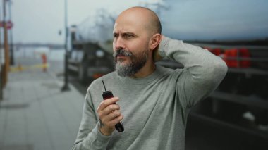 Elinde araba anahtarı olan bir adam şehir sokaklarında şaşkın bir şekilde duruyor. Arka planda kamyon ve yol unsurları olan kel sakallı bir adam var..