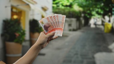 Elele tutuşan Norveçli kronlar, bir şehir caddesinde açık havada finans ve döviz alışverişini canlı bir şehir ortamında sergiliyor ve Norveç kültürünü vurguluyor..