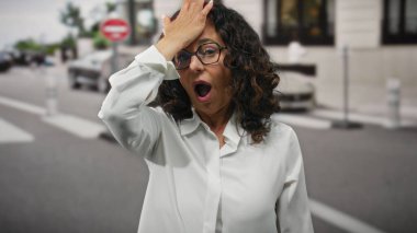 Şehir sokaklarında beyaz tişörtlü kıvırcık saçlı bir kadın şehir ortamında gözlük takarak bulutlu gökyüzünün altında şaşkınlık ve inançsızlık gösteriyor..