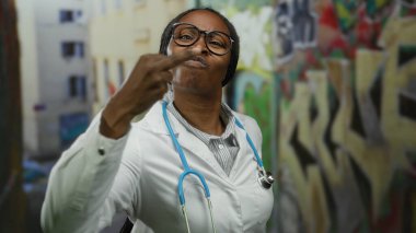 Şehir ortamındaki doktor boynundaki steteskopla, duvar yazısıyla kaplı arka planda, gözlük ve beyaz önlük takarak hayal kırıklığını gösteriyor..