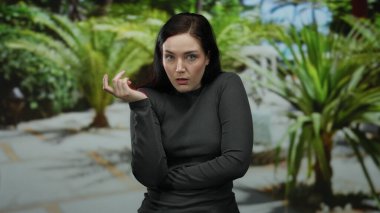 Parkta kumral saçlı bir kadın, açık alanda yeşil bitkiler arasında kafa karıştırıcı bir şekilde el kol hareketi yapıyor, şaşkın bir ifade sergiliyor ve üstsüz bir kıyafet giyiyor..