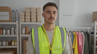 Yansıtıcı yelek giyen genç İspanyol bir adam, bir hayır kurumunda duruyor. Etrafı sıralanmış giysi ve malzemelerle çevrili. Gönüllü bir ruhu somutlaştırıyor..