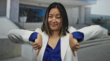 Şehir sokaklarında gün ışığında beyaz ceket ve mavi bluz giymekten hoşlanmadığını belirten genç bir kadın.