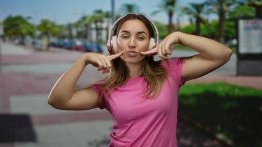 Güneşli bir sokakta kulaklık takan bir kadın palmiye ağaçlarıyla, pembe bir gömlek giyiyor ve neşeli bir ifadeyle gülümsüyor, gençlik enerjisi ve moda gösterisi yapıyor..