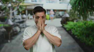 Sakallı genç bir adam şehir caddesinde şaşkın bir şekilde beliriyor, elleri açık yeşil bir arka planda, neşeli bir hareketle gözlerini örtüyor..