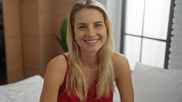 Женщина улыбается в помещении, взрослая блондинка-кавказка с красивыми чертами лица сидит на кровати в уютной спальне, излучая тепло и комфорт в современной домашней обстановке.