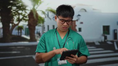 Yeşil önlüklü genç adam şehir caddesinde steteskoplu bir tablet kullanıyor. Ağaçların ve binaların geçmişi bulanık. Bu da bir tıp uzmanının hareket halinde olduğunu gösteriyor.