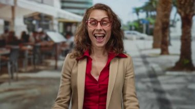 Canlı bir şehir terasında gülümseyen bir kadın palmiye ağaçlarıyla dolu bir restoranda mutlu bir şekilde el kol hareketi yaparak şehir sokaklarında genç ve neşeli bir anı yakalıyor..