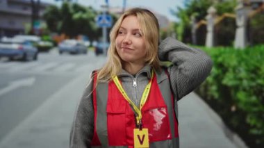 Şehirde şehir caddesinde gönüllü yelek giyen bir kadın var. Arkasında araçlar var..