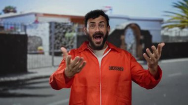 Turuncu hapishane tulumlu İspanyol bir adam sokakta dikiliyor, bir binanın arka planına karşı şaşkınlık ve duygularını ifade ediyor..