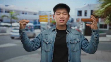 Kot ceketli genç adam güneşli bir günde bulanık kentsel çevre tarafından çerçevelenmiş düşünceli bir ifadeyle şehir caddesinde dikiliyor..