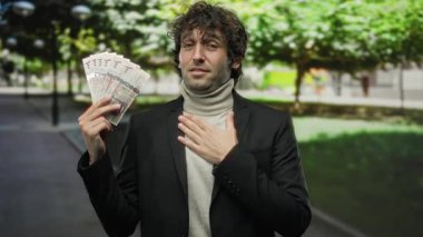 Suudi riyal banknotları elinde tutan adam şehir sokaklarında servetini ve maliyesini özgüvenli bir ifadeyle somutlaştırıyor..