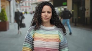 İspanyol kadın, gün içinde bulanık kentsel geçmişe sahip renkli bir süveter giyerek sokakta kameraya doğru elini uzatıyor..