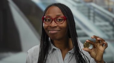 Kapalı bir yerde Bitcoin tutan bir kadın gülümseyerek kripto para sergiliyor bir alışveriş merkezinde sıradan ve kendinden emin bir ifade sergiliyor.