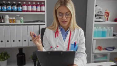 Klinikteki kadın doktor steteskop ve gözlüklerle dokümanları inceliyor, profesyonel hastane ortamında raflarda tıbbi malzemelerle çevrili..