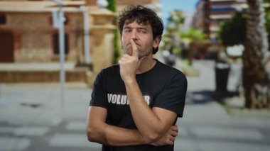 Güneşli bir sokakta palmiyeler ve binalarla düşünceli bir poz veren gönüllü bir adam, üzerinde gönüllü yazan bir gömlek, açık hava ortamında tefekkür ediyor..