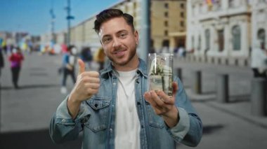 Sakallı, elinde para kavanozuyla gülümseyen genç adam şehir sokaklarında gün ışığında, açık havada kot pantolon giyerek başparmak kaldırıyor..
