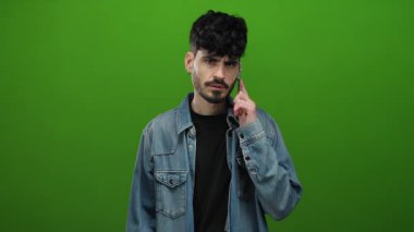 Genç İspanyol bir adam yeşil arka planda bir telefonla konuşurken sessizlik için el kol hareketi yapıyor, kot ceket giyiyor ve kameraya dönük çeşitli duygular ifade ediyor..