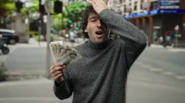 İspanyol asıllı bir adam şehir caddesinde İngiltere banknotlarını tutuyor ve hareketli bir şehir ortamında sürpriz ve heyecan gösteriyor..