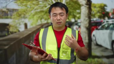 Yansıtıcı yelek giymiş Asyalı bir adam işlek bir şehir caddesinde bir pano tutuyor, gözleri kapalı hapşırıyor, şehir trafiği ve yeşilliklerle çevrili, açık hava senaryosunu gösteriyor..