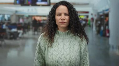 Havaalanı terminalinde durmuş kıvırcık saçlı kazak giyen ve yoğun arka planda seyahat atmosferini gösteren ciddi görünümlü bir kadın..