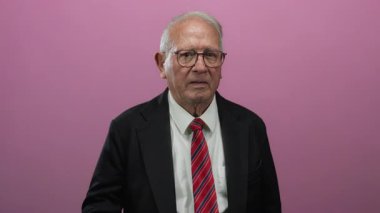 İş kılığındaki kıdemli adam, soruşturma, gözlem ve analitik kavramların izole edilmiş pembe arka planına karşı büyüteç tutuyor..