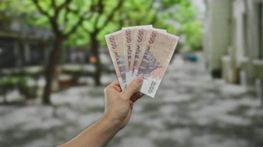 Beyaz adam bir şehir caddesinde İzlanda Krona banknotları tutuyor, açık hava ortamında finans temalarını vurguluyor, para ve ekonomi kavramları için mükemmel.