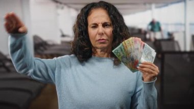 Bir kadın, limana yakın bir teknede elinde Avustralya doları tutarken selam veriyor.