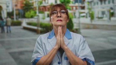 Kıdemli İspanyol kadın üniformalı temizlikçi, şehir sokaklarında elleri sımsıkı bağlanmış, şehir manzarası ile çevrili iken umut dolu bir tavır sergiliyor..