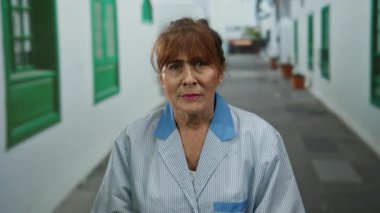 Üst düzey İspanyol kadın şehir sokaklarında çalışıyor, üniforma giyiyor ve kararlılığını ifade ediyor..