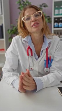 Gözlük takan ve laboratuvar önlüğü giyen kadın doktor hastane odasında konuşuyor klinik ortamda tıbbi profesyonellik gösteriyor..