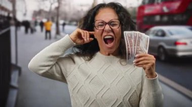 Şehirde elinde Mısır banknotları olan bir kadın kalabalık bir sokakta arabalar ve arka planda insanlarla bağırıyor..