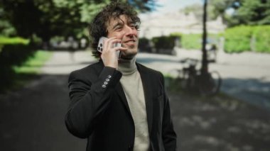 Şehir sokaklarında telefonla konuşurken gülümseyen genç bir adam, şık bir balıkçı yaka ve ceket giyiyor, biraz sofistike ve canlı bir şehir yaşam tarzı sergiliyor..