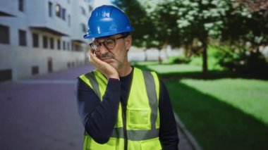 İnşaat malzemeleri ve mavi kasklı adam şehir zeminine karşı yorgun görünüyor..