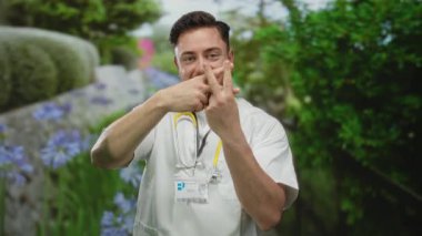 Sakallı ve steteskoplu genç bir erkek doktor parkta gülümsüyor, yeşil ve çiçeklerle çevrili, parmaklarıyla bir etiket işareti yapıyor..