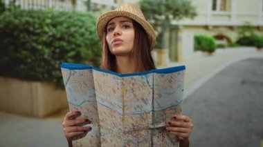 Açık havada gezen bir kadın, elinde şapka ile şehir sokaklarında harita tutuyor. Meraklı bir turist gibi gün ışığında odaklanmış bir ifadeyle beliriyor. Seyahat deneyimini vurguluyor..