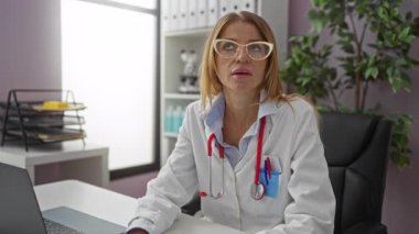 Bir klinikteki sarışın kadın doktor masasında steteskopla otururken stresli görünüyor. Etrafı ofis malzemeleri ve ev bitkileriyle çevrili ve beyaz önlük giyiyor..