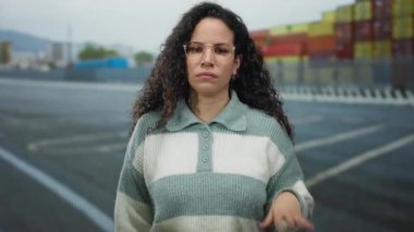 Limanda dinleyen bir kadın, kıvırcık saçlı genç bir yetişkin, deniz kenarına karşı konteynırlarla, süveter ve gözlük takıyor, gündüz vakti dikkatle denize bakıyor..