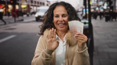 Dışarıdan gülümseyen bir kadın, şehir içinde orta yaşlı, şehir ortamında orta yaşlı, modern finans ortamında mutluluk ve zenginliği gösteren banknotları elinde tutuyor..