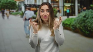 Açık havada parmakları çaprazlanmış bir kadın hareketli bir şehir caddesinde umut dolu bir ifade sergiliyor, canlı bir şehir ortamında beklenti ve hüsnükuruntuyu somutlaştırıyor..