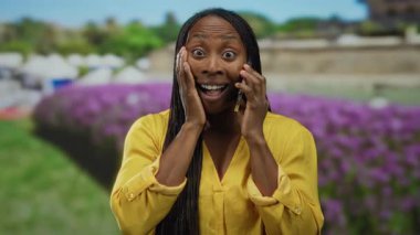 Parlak sarı gömlekli, neşeli bir şekilde konuşan bir kadın, güneşli bir parkta dikiliyor, arka planda mor çiçekler ve yeşillik var, mutluluk ve heyecan saçıyor..