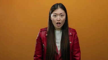 Canlı turuncu arka plana şaşırdığını ifade eden uzun saçlı ve tarafsız ifadeli kırmızı ceket giyen, soyutlanmış, yetişkin, Asyalı, kadın, Çinli....