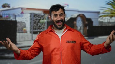 Turuncu hapishane tulumlu İspanyol bir adam sokakta dikiliyor, bir binanın arka planına karşı şaşkınlık ve duygularını ifade ediyor..