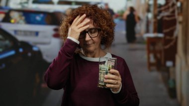 Orta yaşlı İspanyol bir kadın şehir sokaklarında bir şişe dolusu dolarla geziyor. Yoldan geçen arabaların ve bulanık yayaların arasında endişeli görünüyor..