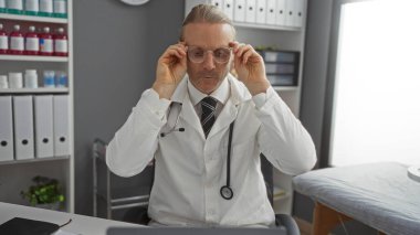 Hastane ofisinde gözlüklü ve beyaz önlüklü bir adam çalışma yerinde düzenli raflar yerleştiriyor. Kapalı alanlara odaklanıyor ve profesyonel tıbbi müdahale öneriyor..