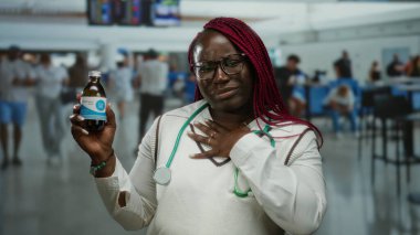Havaalanında boğazı ağrıyan bir ilaç şişesi tutan, etrafı gezginlerle çevrili steteskop takan, yoğun terminalde sağlık sorunları olduğunu ima eden bir kadın..